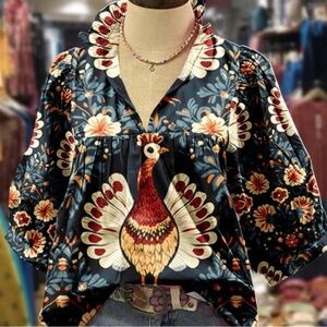 Elodie Festive Casual Short Puff Sleeve V Neck Thanksgiving Blouse Navy Blue